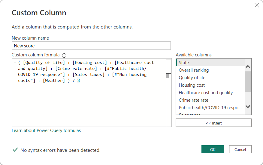 Power BI Custom Column Dialog